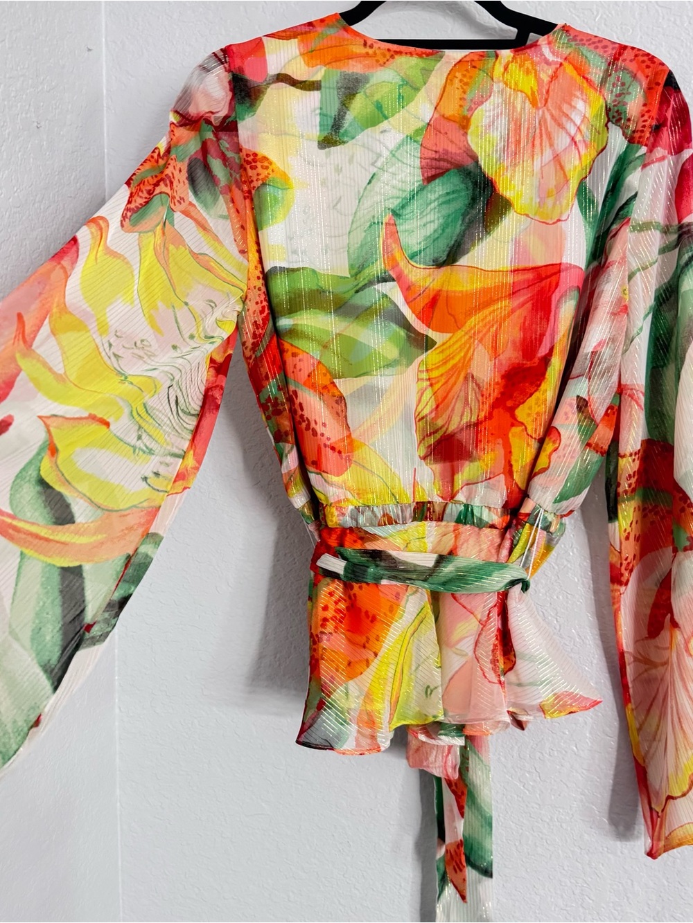 White House Black Market V-Neck Sheer Floral Top - Orange, Green, Red, Cream - Picture 10 of 12